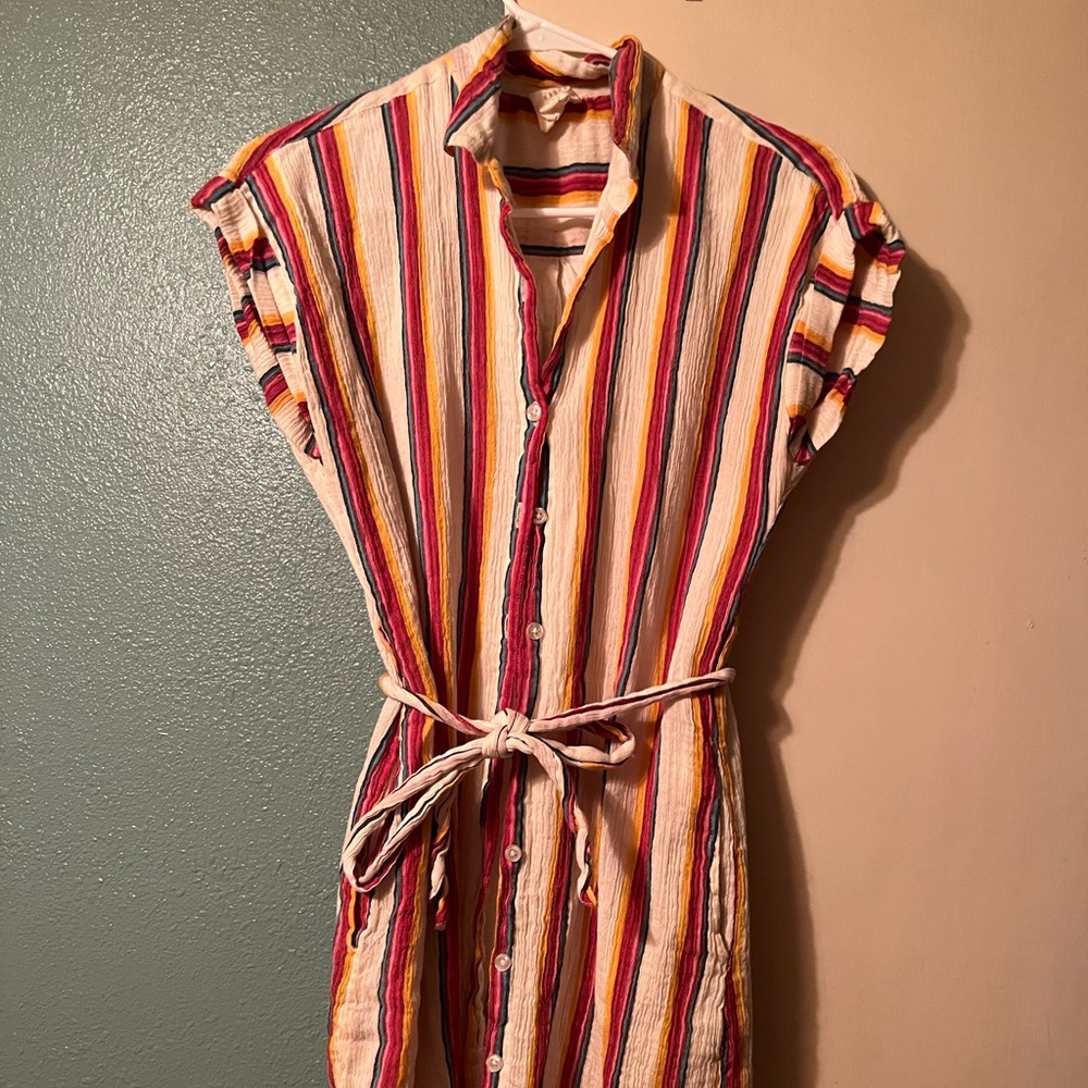 Button down collar striped multi color dress
